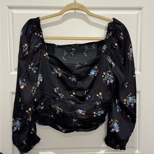 AE Studio Floral Satin Ruched Long-Sleeve Square Neck Top — Size XL Orig $35